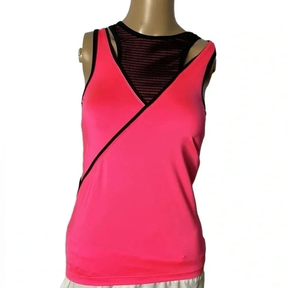 NWOT XS TAIL Sleeveless, bright pink and black trim,crochet overlay Tank top - Picture 2 of 11